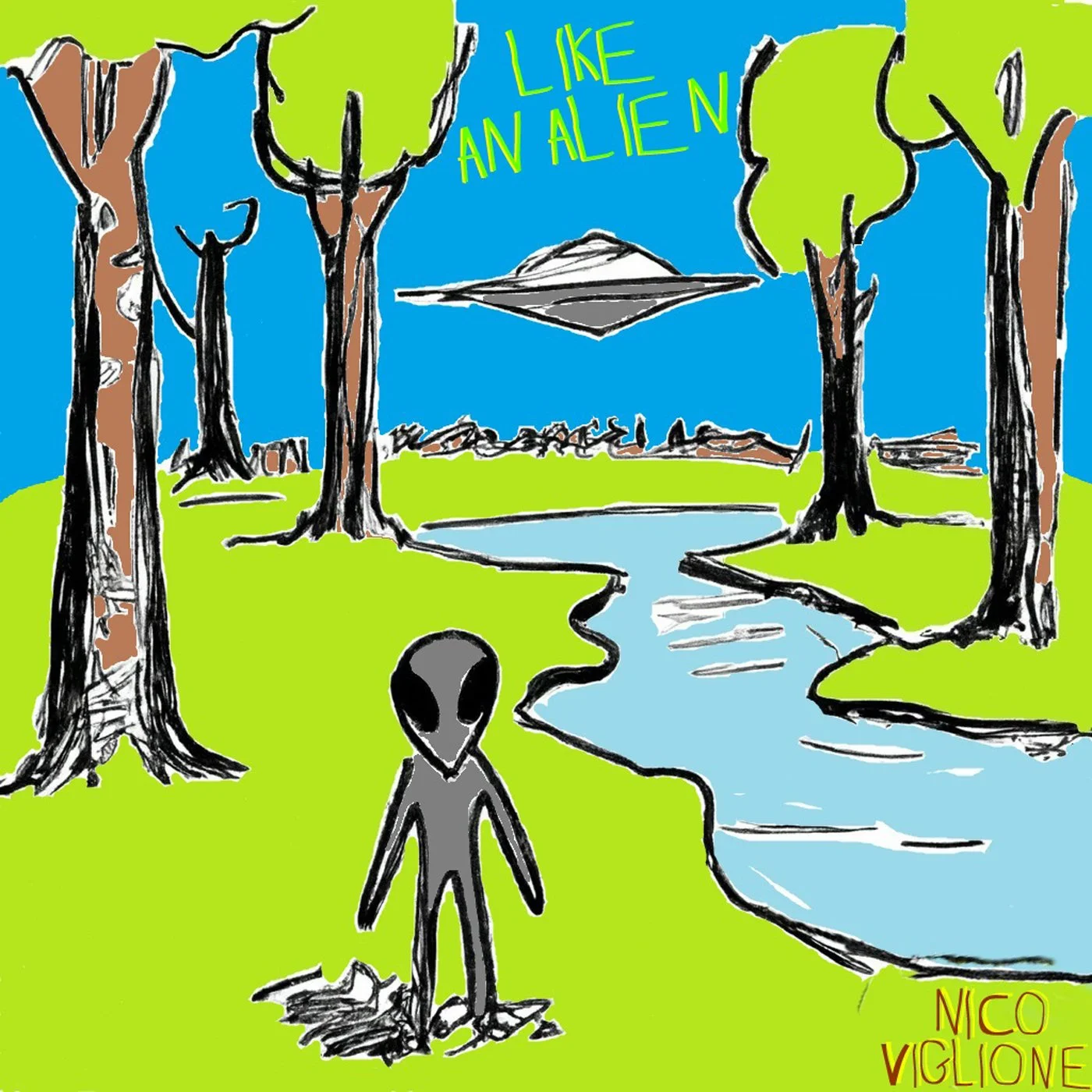 Disegno di un paesaggio naturale con alberi, un fiume e un cielo blu. In primo piano un alieno con testa a forma di goccia e occhi neri, 'LIKE AN ALIEN' di Nico VIglione