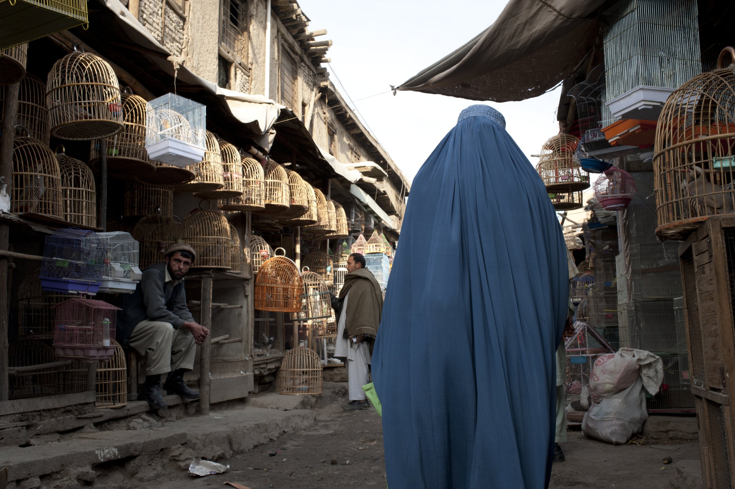 Bird's market, Kabul 2012 Woman walking through the bird’s market. Banned during the Taliban regime, nowadays this place has recovered its charm. A market is dedicated to selling birds: songbirds ,racing birds, fighters