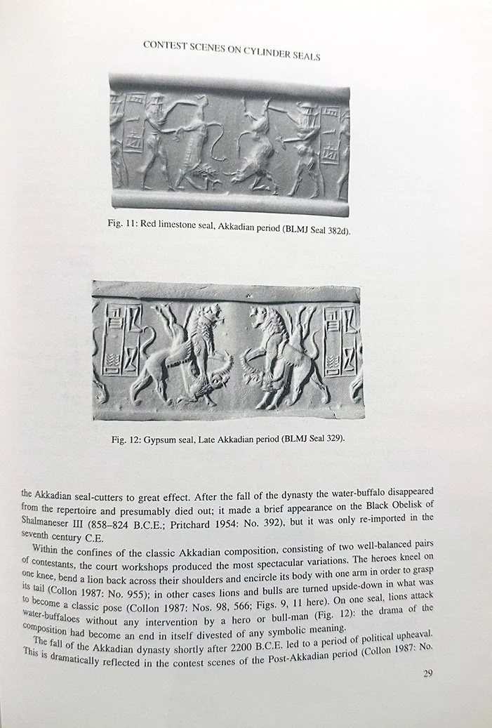 Photograph of two carved stone seals from ancient Mesopotamia, depicting mythological scenes with animals and human figures, from the Akkadian period.