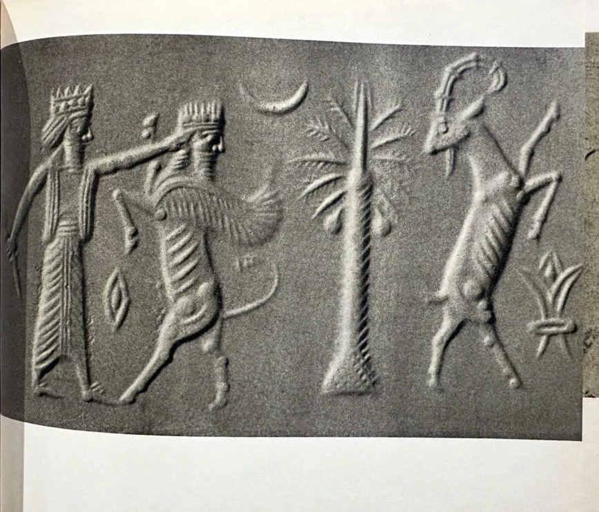 Ancient Mesopotamian clay tablet depicting two human figures, a tree, and celestial symbols including a crescent moon.