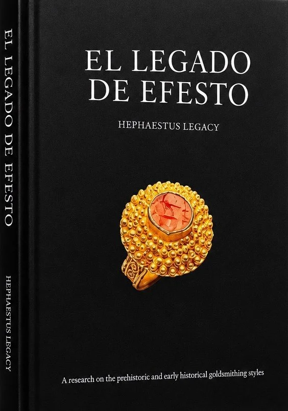 Book cover titled 'El Legado de Efesto' with a black background, featuring an image of a gold ring with a large orange gemstone. Subtitle reads 'Hephaestus Legacy' and additional text states 'A research on the prehistoric and early historical goldsmithing styles.'