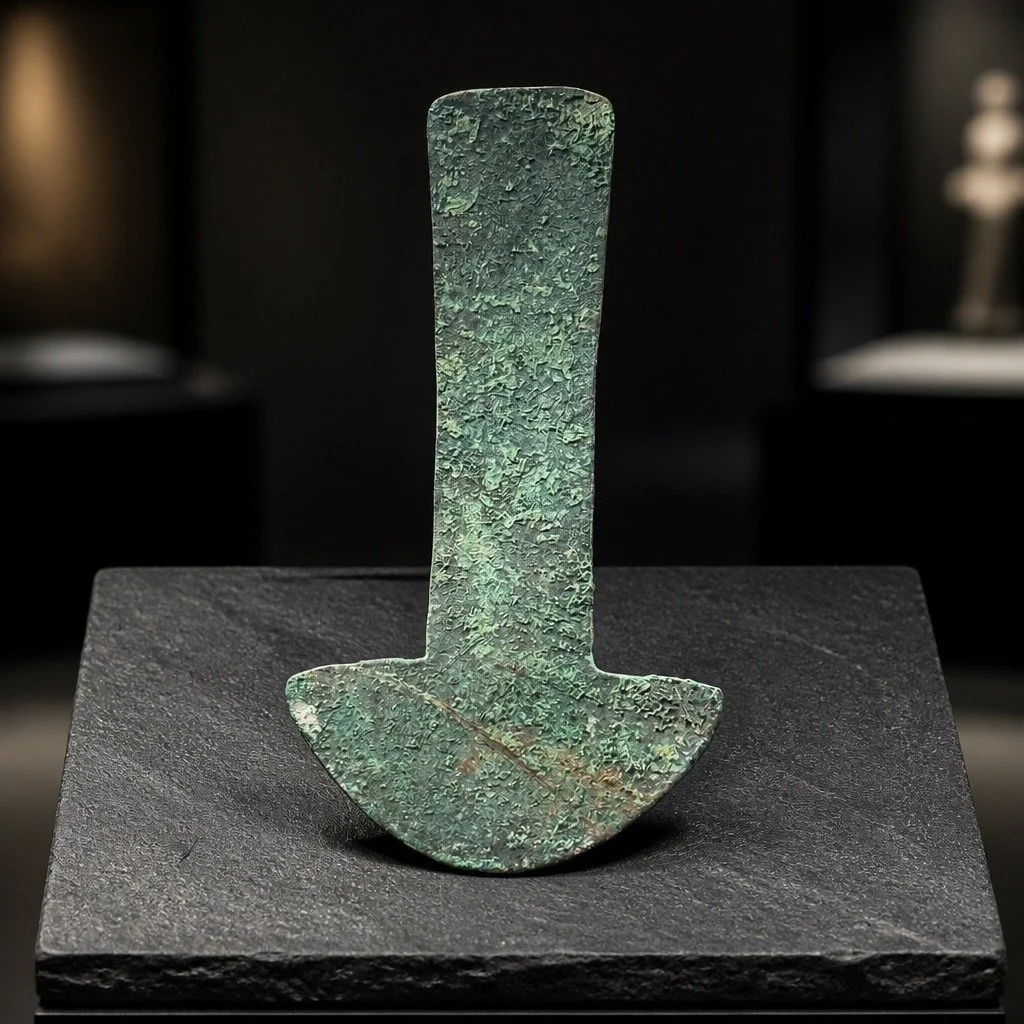 A greenish, weathered bronze axe head with a textured surface displayed on a black pedestal in a museum setting.