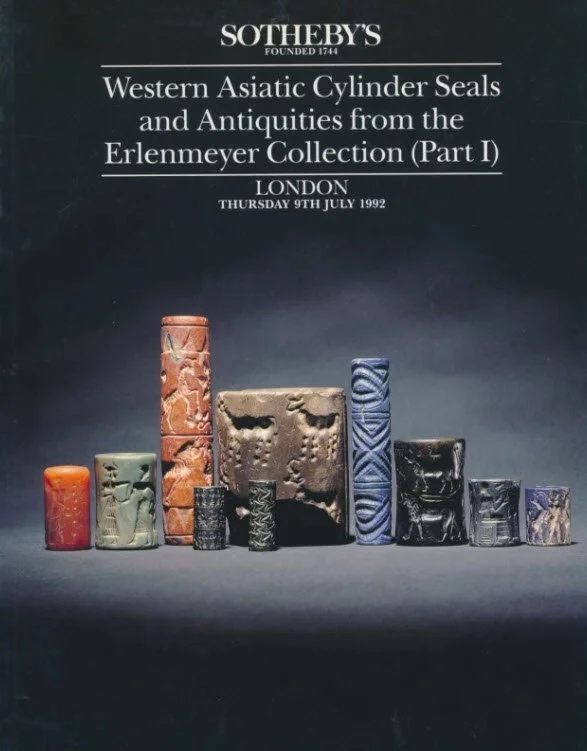Auction catalog cover for Sotheby's, dated July 9, 1992, featuring photographs of various ancient cylinder seals and reliefs from the Erlenmeyer Collection.