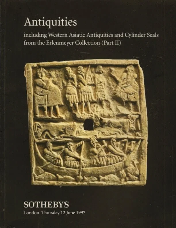 Cover of a book titled 'Antiquities including Western Asiatic Antiquities and Cylinder Seals from the Erlenmeyer Collection (Part II)' with an ancient clay tablet or seal depicting figures and scenes from ancient times.