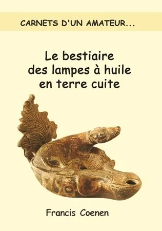 Book cover titled 'Le bestiaire des lampes à huile en terre cuite' by Francis Coenen, featuring a terracotta oil lamp shaped like a fish.