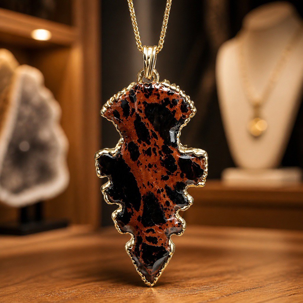 Gold necklace with leaf-shaped pendant featuring a brown and black spotted pattern, displayed in a jewelry store setting.