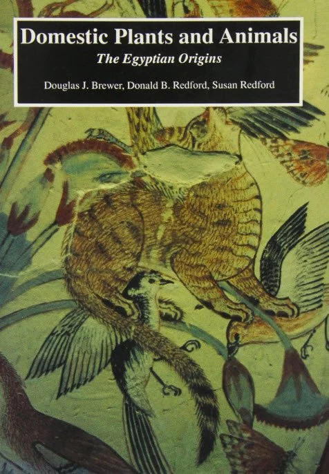 Book cover titled 'Domestic Plants and Animals: The Egyptian Origins' by Douglas J. Brewer, Donald B. Redford, and Susan Redford, featuring an illustration of Egyptian flora and fauna.