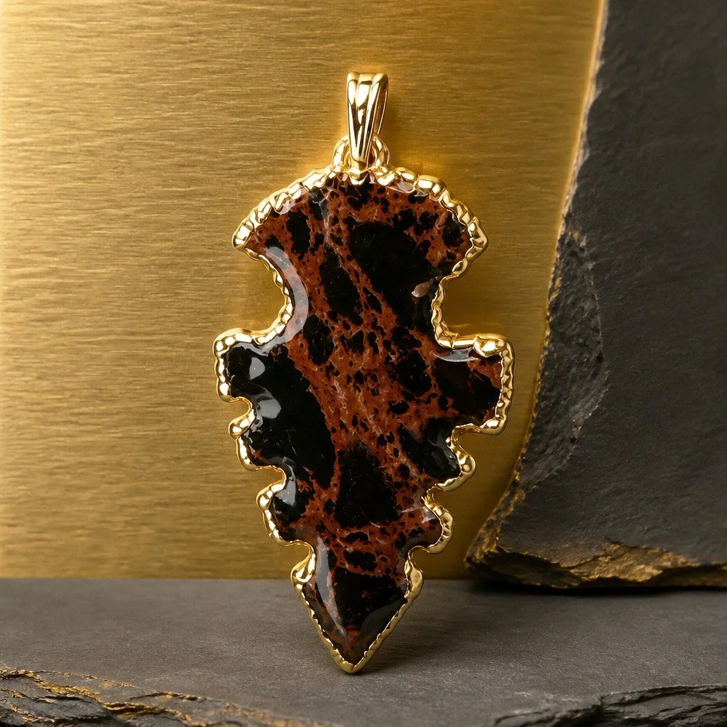 Gold-framed pendant with a leopard print arrow-shaped gemstone on a dark surface with a textured background.