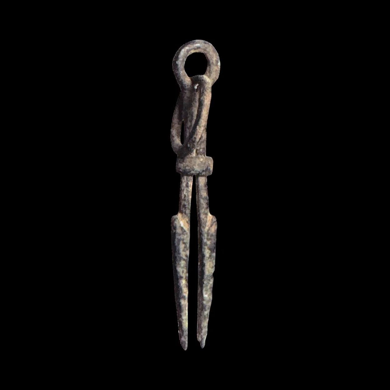 Ancient iron clothing pin or brooch from a museum display, with a black background.