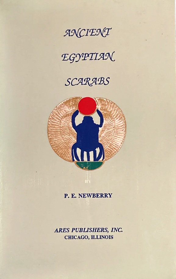 Cover page of a book titled "Ancient Egyptian Scars" by P. E. Newberry, published by Ares Publishers Inc. in Chicago, Illinois. The page features an illustration of a seated figure holding a red circle, with Egyptian-style artwork in the background.