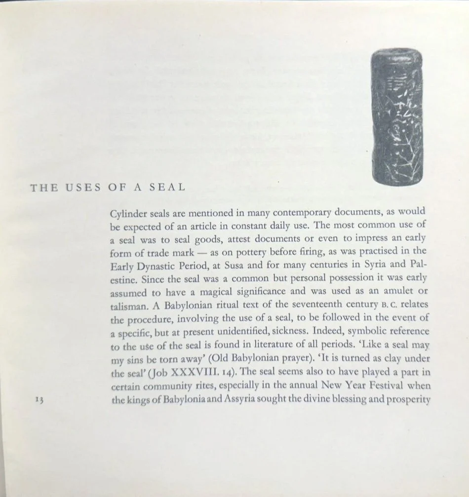 Page of a book titled "The Uses of a Seal" with a black and white illustration of a seal cylinder stamp in the top right corner. The text discusses the historical and symbolic uses of seals.
