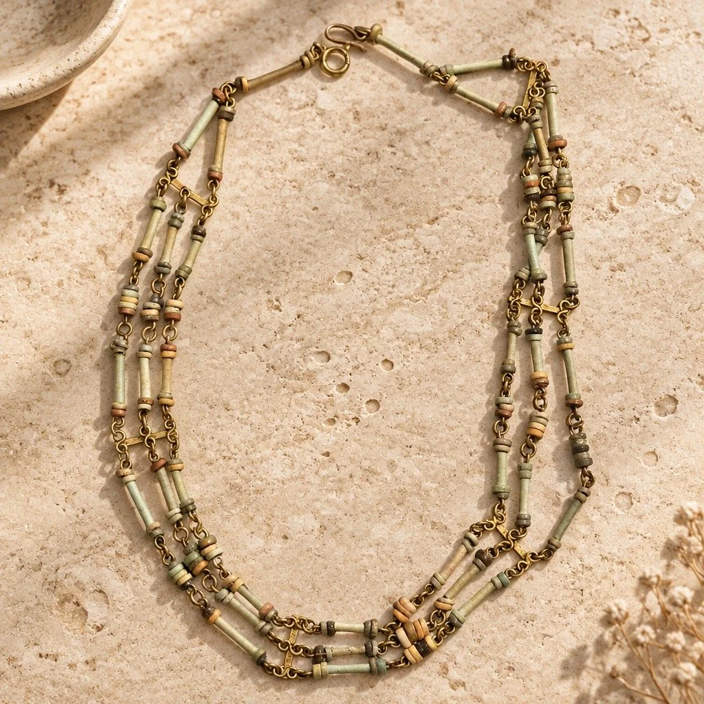 Layered necklace with beads and metal links on a beige textured surface.