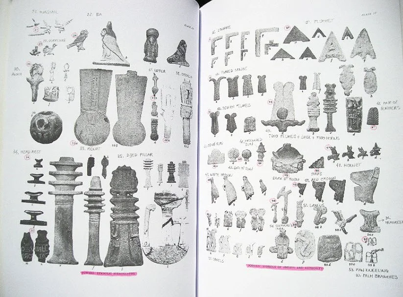 Sketches and photographs of various ancient artifacts, including pottery, sculptures, and tools, with handwritten labels and notes.