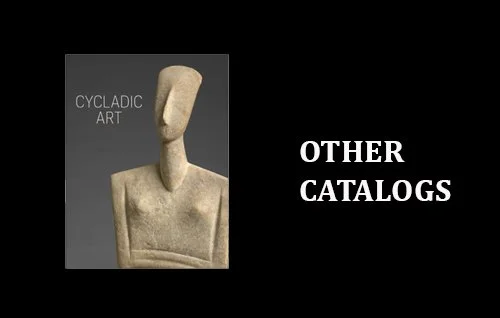 A brochure cover featuring a sculpture of a faceless, elongated human figure with crossed arms, titled 'CYCLADIC ART' and text 'OTHER CATALOGS' on a black background.