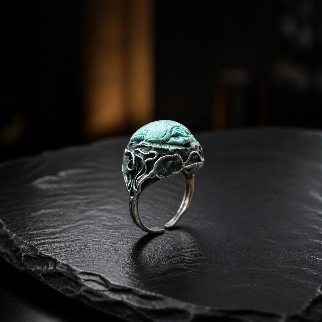 A silver ring with an intricate design and a large turquoise stone, placed on a black textured surface.