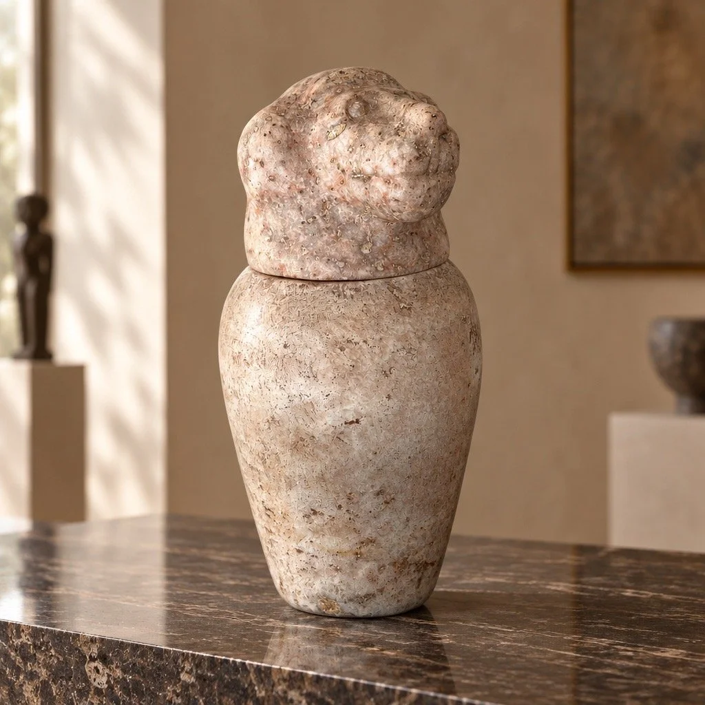 A stone sculpture resembling a face or animal, placed on a polished dark stone surface in a well-lit room with artwork and decorative objects in the background.