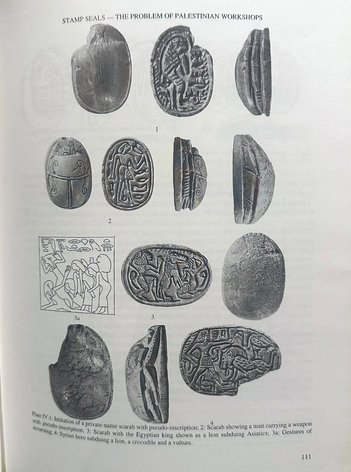 Page showing images of ancient scarab seals and artifacts with descriptions, including a private-name scarab, a scarab with a man carrying a weapon, a scarab with Egyptian king, and scenes of gestures and battles.