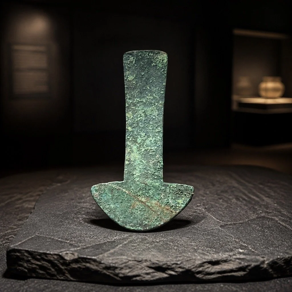 Ancient bronze axe head displayed on a stone platform in a dimly lit museum.