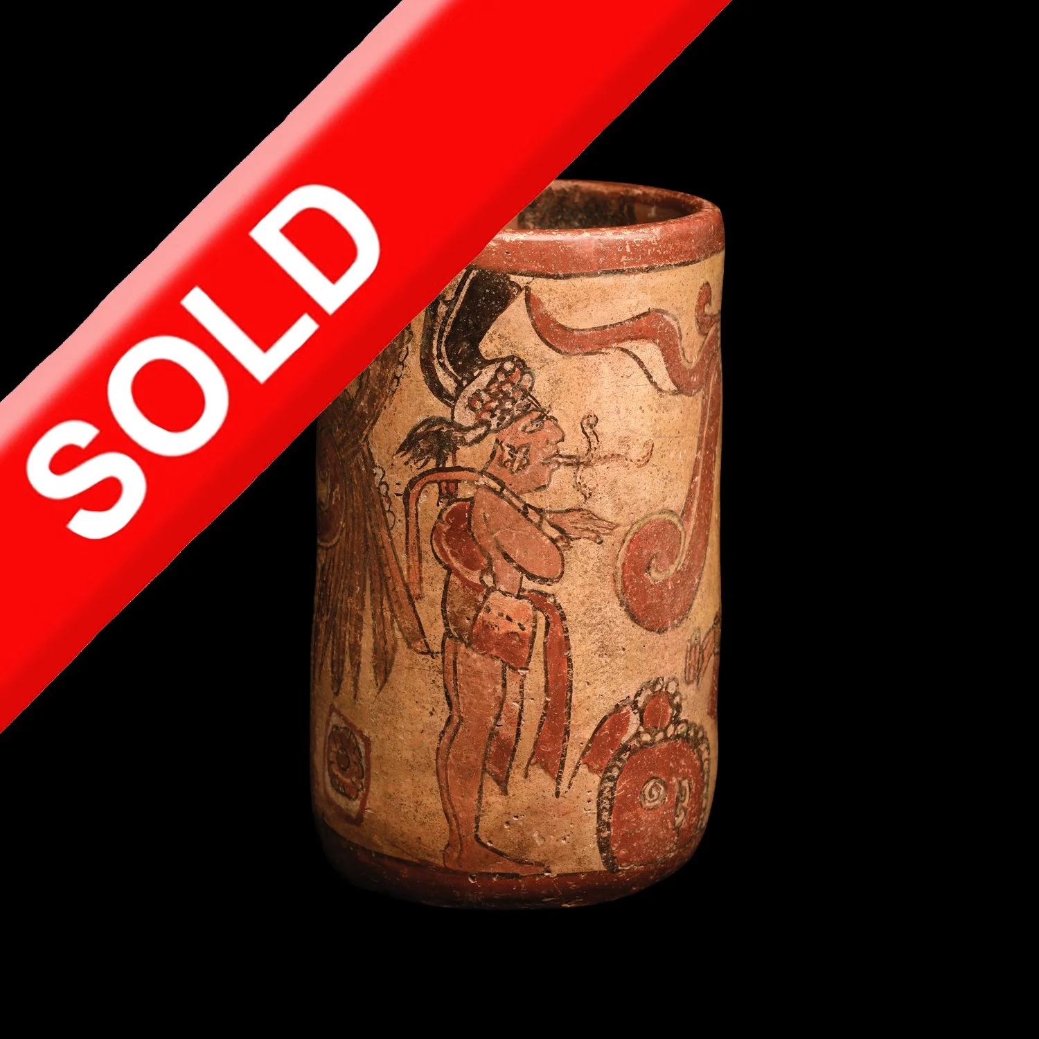 Ancient ceramic vessel with Mayan-style painted figures and patterns, partially covered with a red 'SOLD' banner.