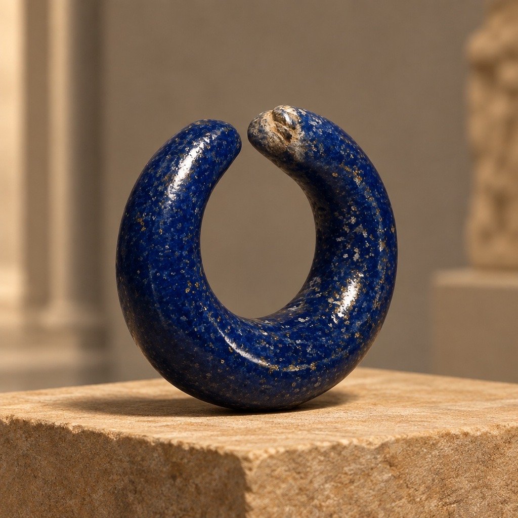 Close-up of a circular blue stone sculpture with gold speckles, displayed on a beige stone surface.