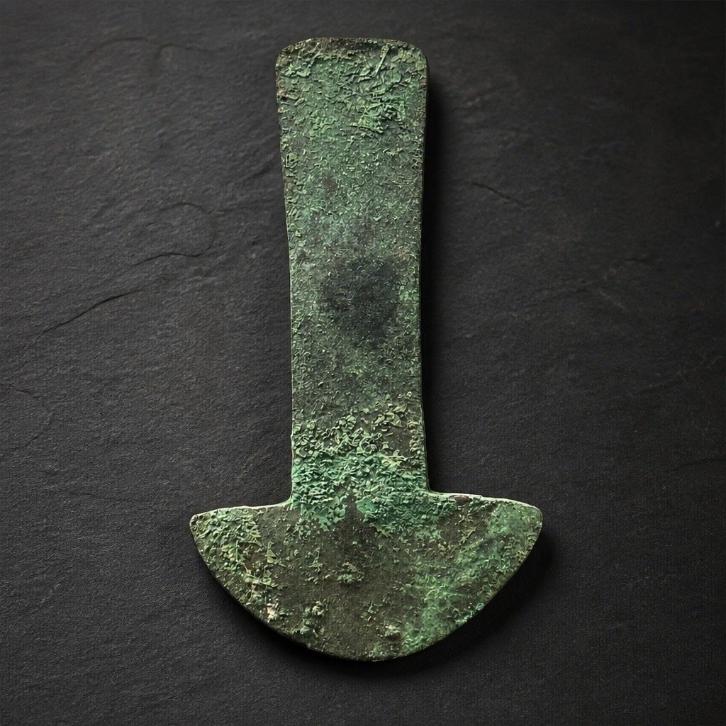 A tarnished metal arrowhead pointing downward, with a weathered and textured surface, on a dark background.