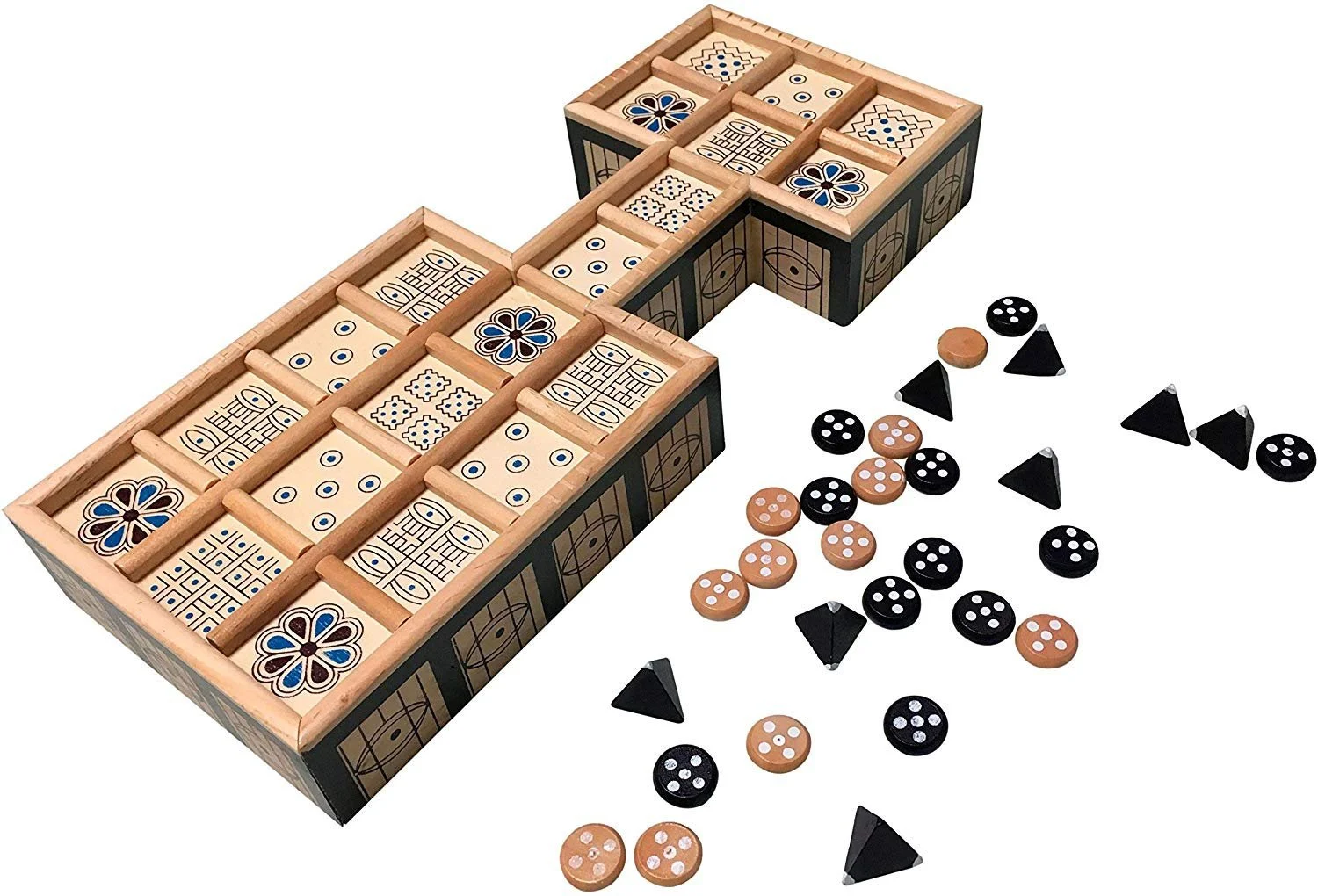 A dominoes set with a decorated box, black and tan dice, and black triangular pieces.