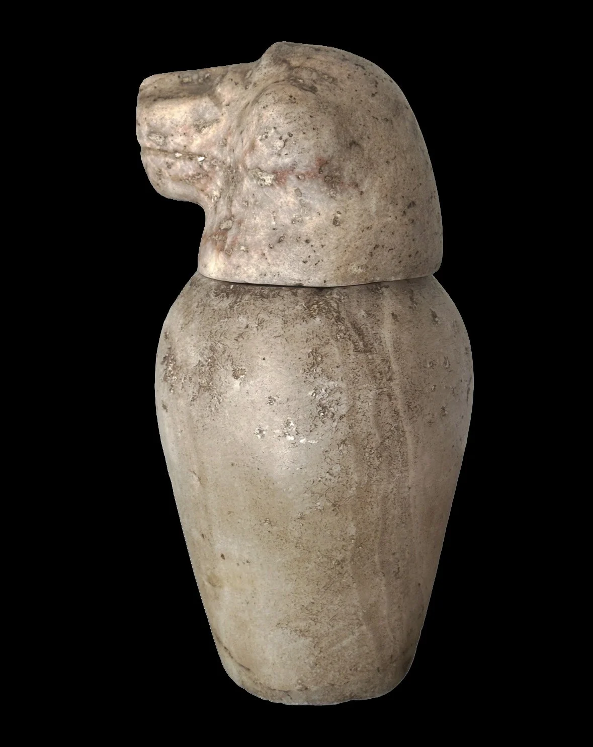 Ancient carved stone sculpture with a cat's head on a rounded base, set against a black background.