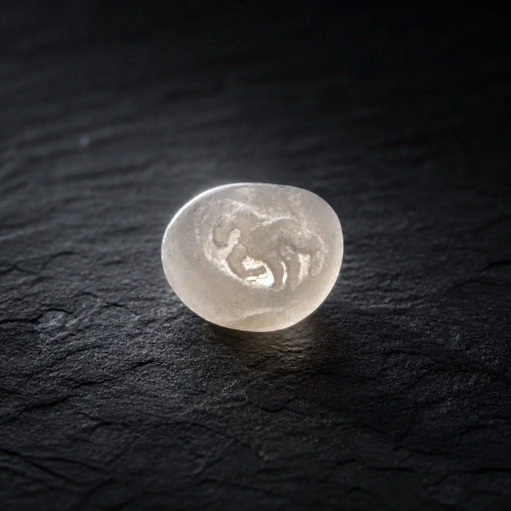 Close-up of a small, clear, polished gemstone on a dark textured surface.