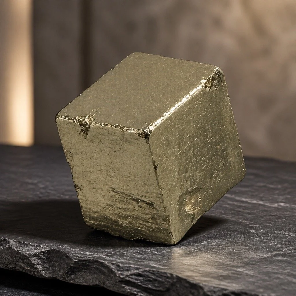 A shiny, metallic cubic object resting on a dark, textured surface.