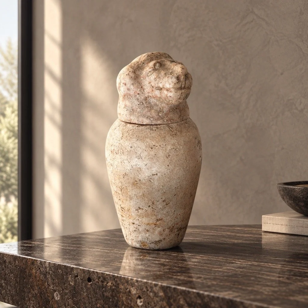 A stone sculpture resembling a baboon's head with a rounded body, placed on a alabaster canopic pot