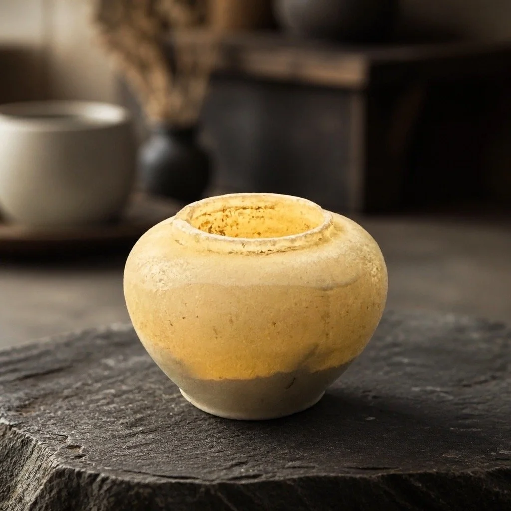 A small, round, beige ceramic pot with a wide opening, placed on a dark textured surface. In the background, there are blurred white and black bowls and a dark cabinet.