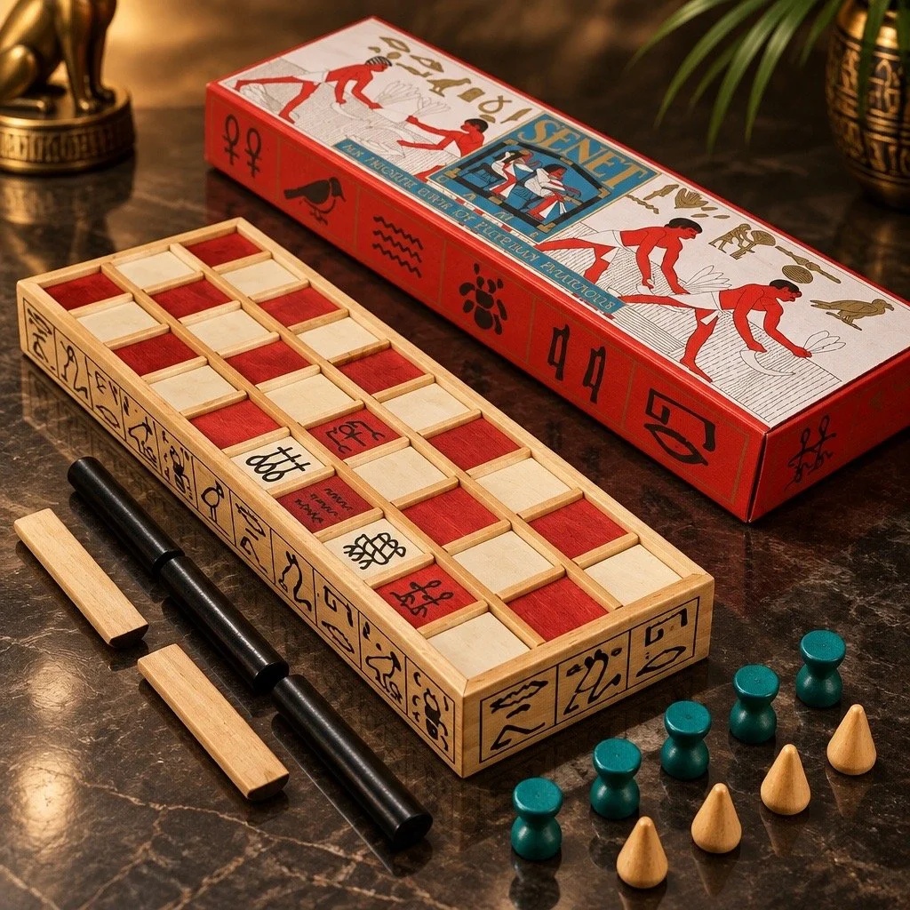 Scrypts game and game pieces on a marble table, with a vintage Egyptian-themed game box in the background.