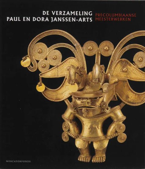 Gold ceremonial mask with large circular adornments and intricate details, attached to a black background.