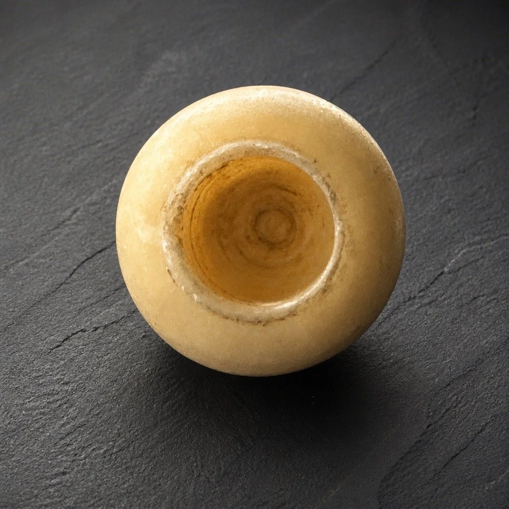 Top-down view of a beige marble or stone ball with a hollow center, placed on a dark textured surface.