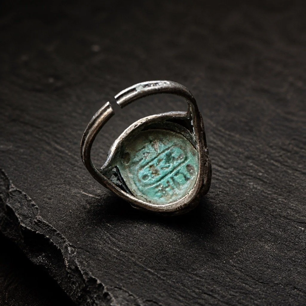 A vintage metal ring with an oval-shaped face displaying embossed text, placed on a dark textured surface.