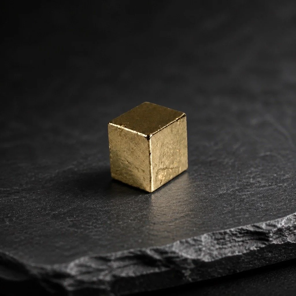 A small, shiny, gold-colored metal cube resting on a dark textured surface.