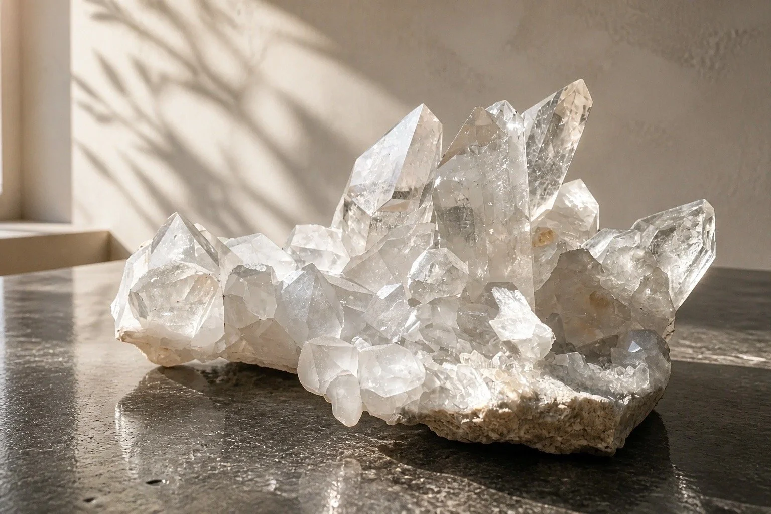 A cluster of clear quartz crystals on a dark surface with shadows cast in the background.