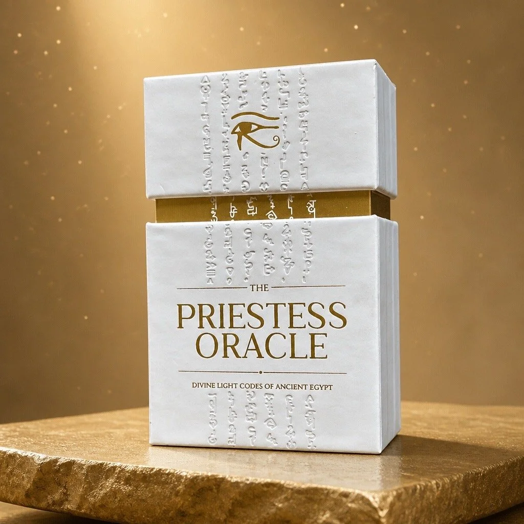 A white and gold box labeled 'The Priestess Oracle' with ancient Egyptian script embossed on it, sitting on a gold-colored surface against a gold background. Tarrot cards.