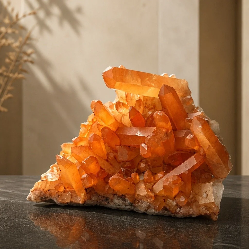 Orange quartz crystal mineral specimen on a dark surface with a blurred background.