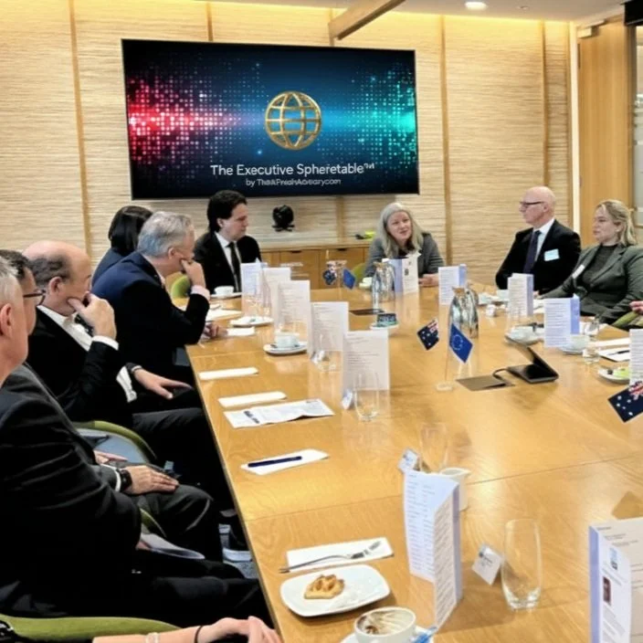 A business meeting with nine people seated around a large wooden conference table in a modern room. There is a screen at the front displaying a logo with a globe and colorful digital effects, titled 'The Executive Spheretacle™'. The table has documents, flags, glasses, and plates on it.