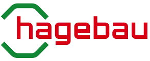 Das Bild zeigt das Logo der Firma 'hagebau', bestehend aus dem roten Schriftzug 'hagebau' mit grünen, umrahmenden Linien.