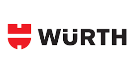 WÜRTH-Logo mit einem roten Schild mit weißen Elementen und dem Text 'WÜRTH' in Schwarz