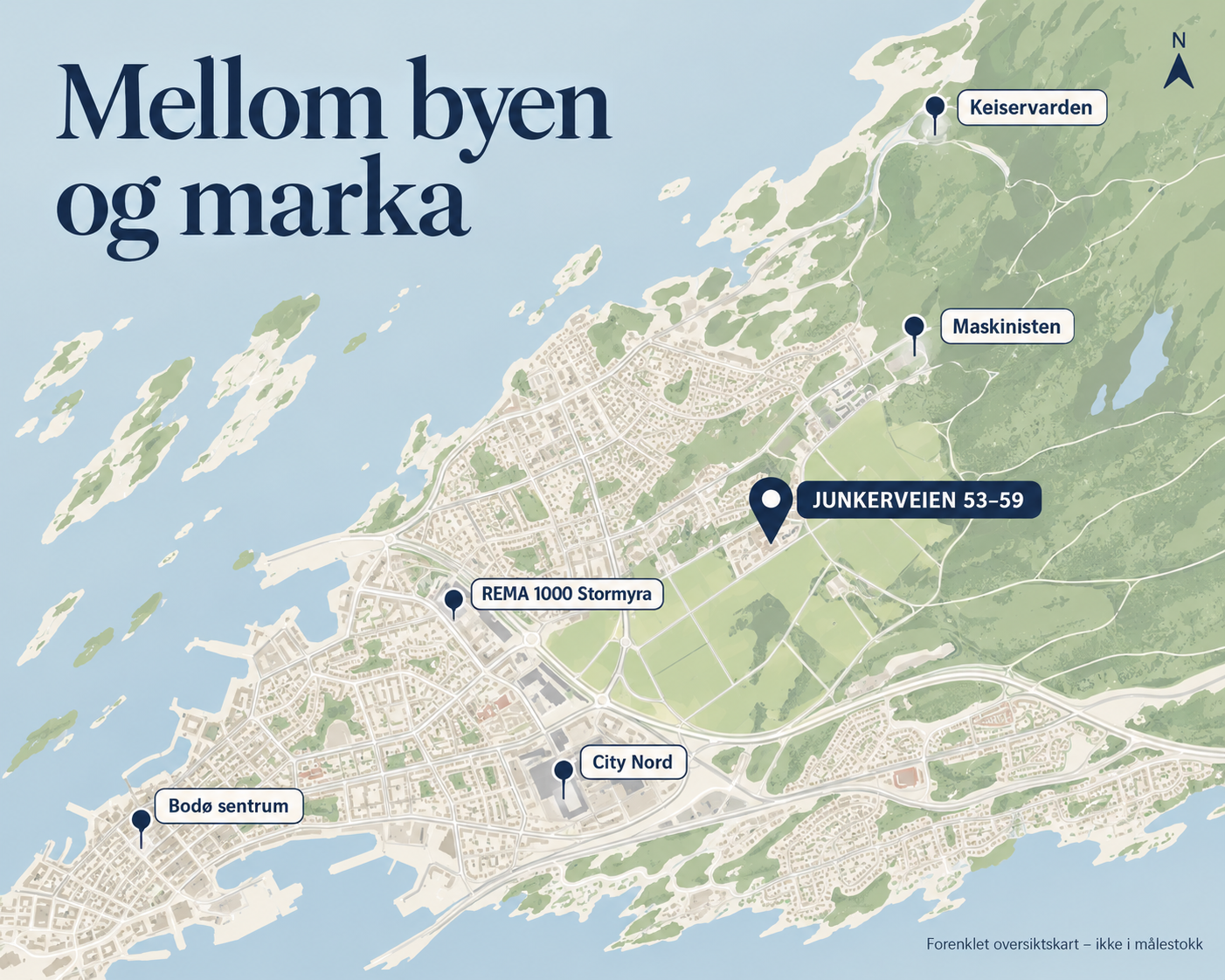 Map of an area with labeled locations including Mellom byen og marka, Keiservarden, Maskinisten, JUNKERVEIEN 53-59, REMA 1000 Stormyra, Bodø sentrum, and City Nord in Norway. The map shows streets, green areas, and water bodies with some islands.