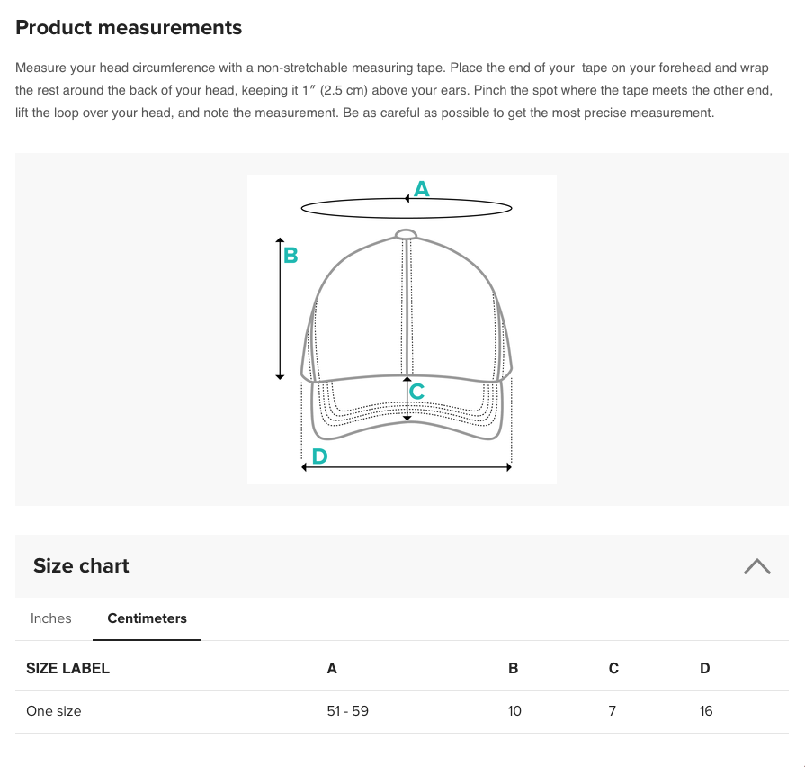 size guide for the denim cap