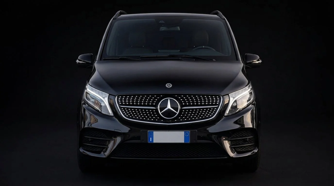 Front view of a black Mercedes-Benz vehicle with a LED light display on the grille, set against a dark background.
It's the V-Class Mercedes-Benz product for clients who want limo/executive chauffeur service for large group of people trips.