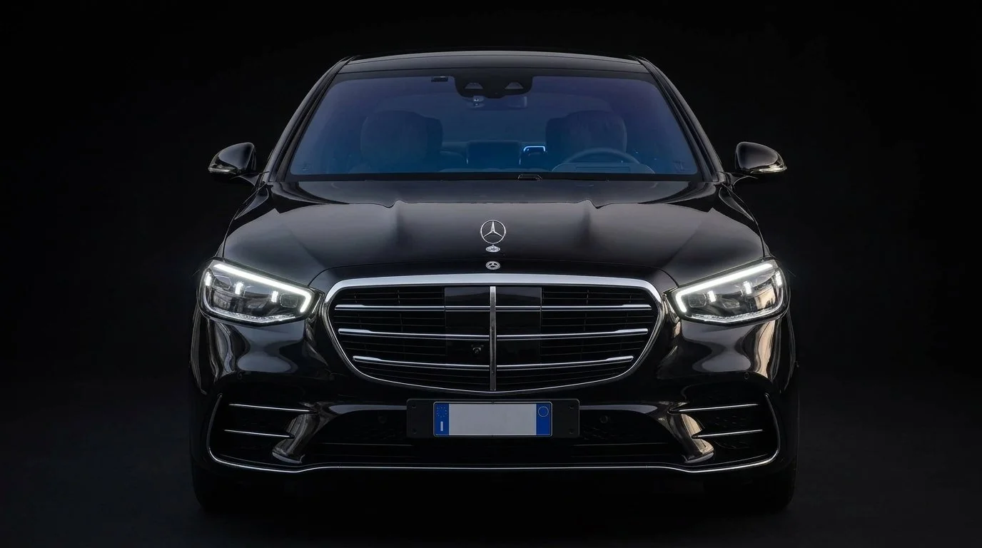 Front view of a black Mercedes-Benz car against a dark background.
It's the S-Class Mercedes-Benz product for clients who want limo/executive chauffeur service for luxury trips.