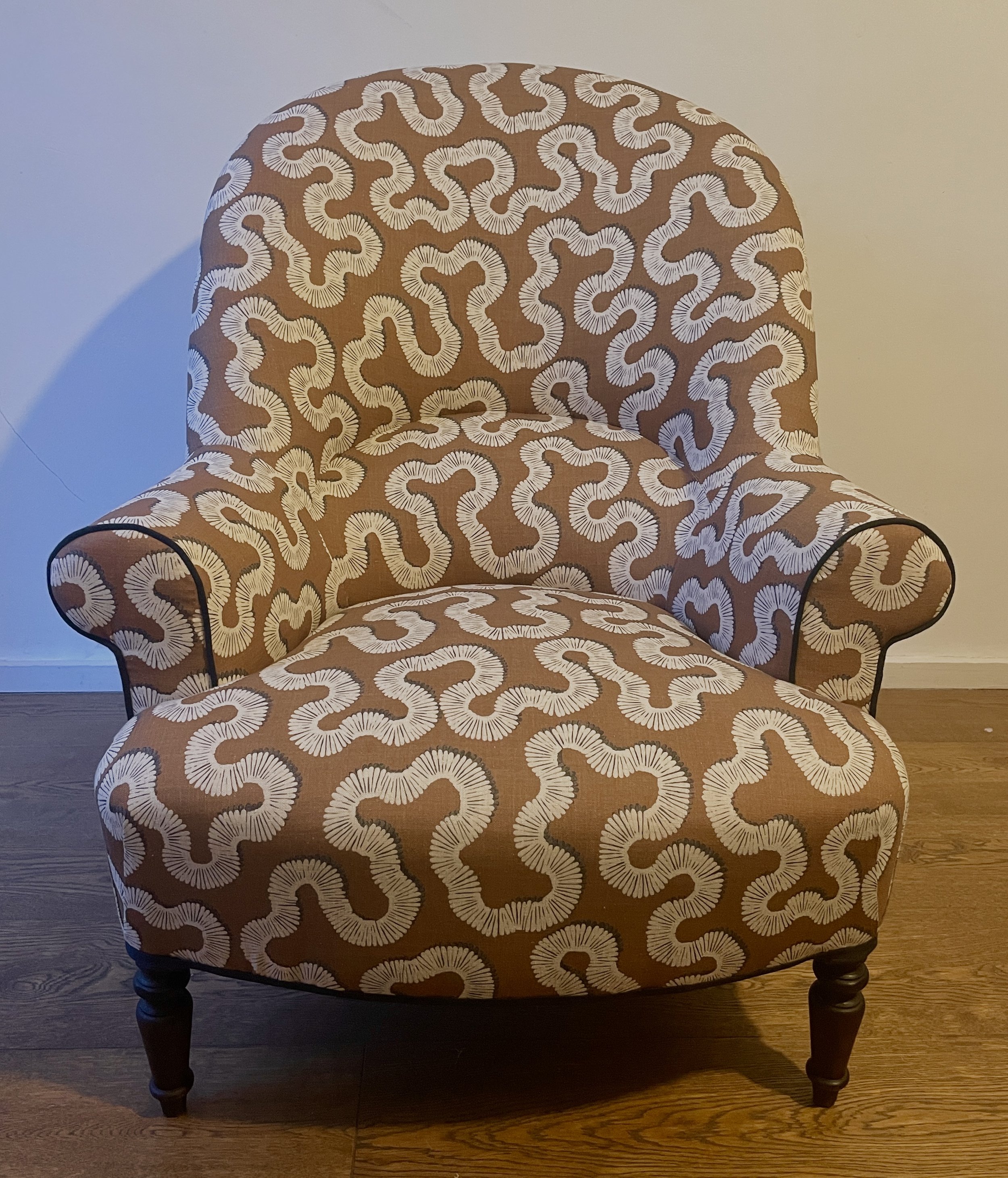 traditional style French armchair upholstered in Romo fabric, bespoke upholstery and soft furnishing South London, Brixton, Streatham, Clapham, Herne Hill, Tulsa Hill, West Norwood, designer interiors