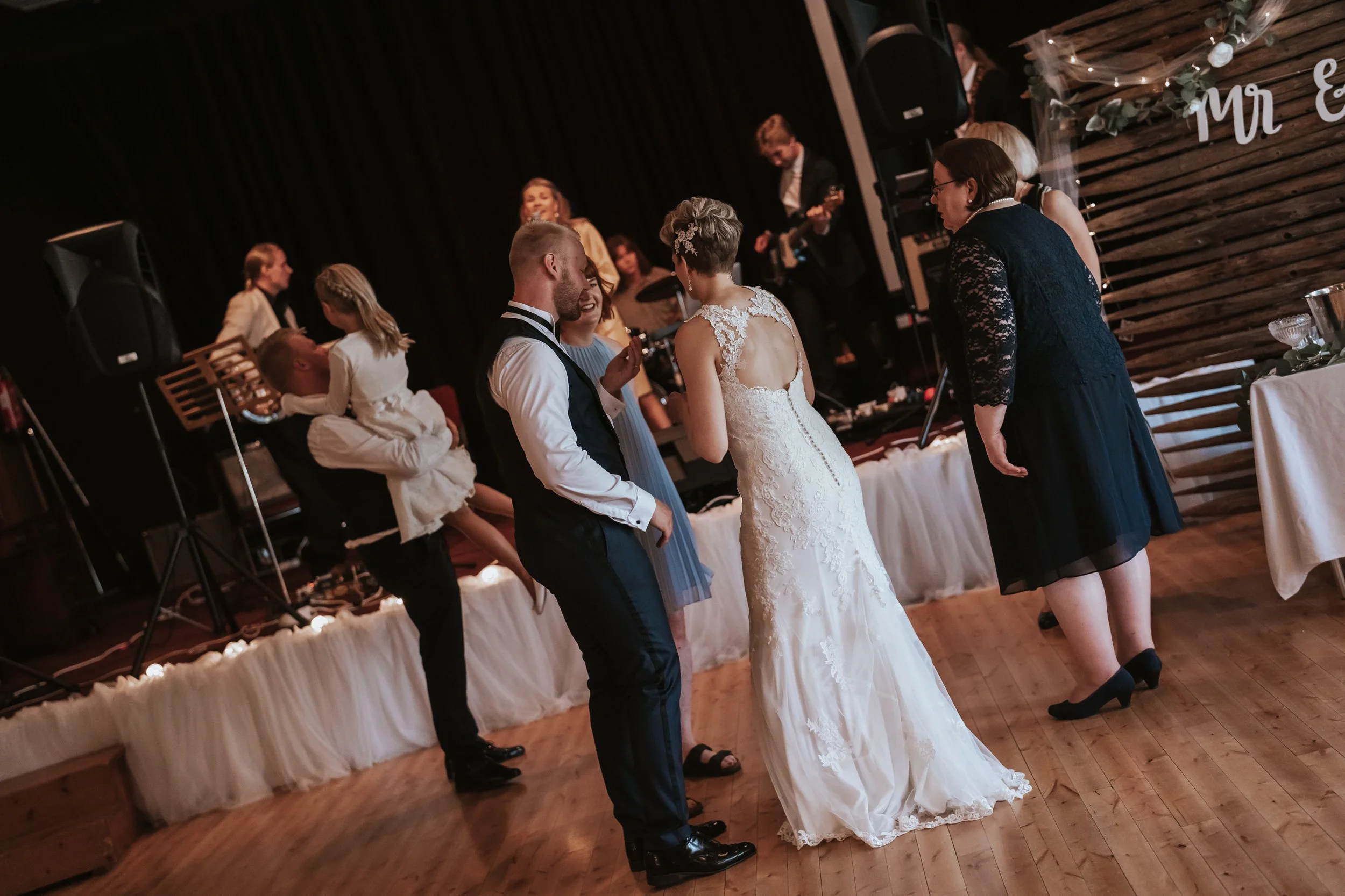 Wedding reception dance floor with bride, groom, guests, and live band.