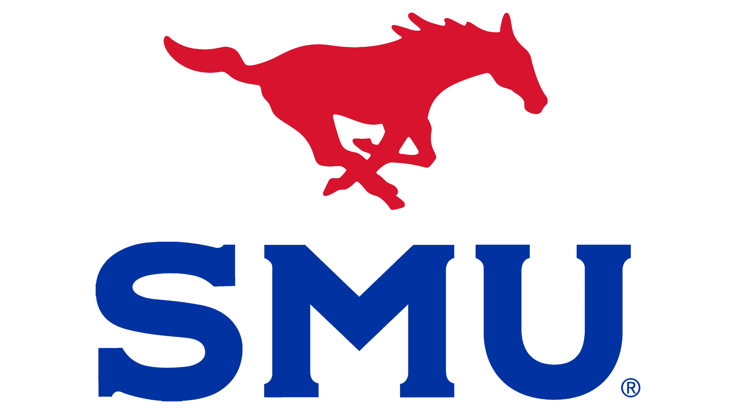 Logo for SMU featuring a red Mustang horse above the blue acronym 'SMU' on a black background.