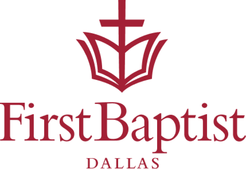 Logo of First Baptist Dallas featuring a stylized cross above an open book, with the text 'First Baptist Dallas' beneath.